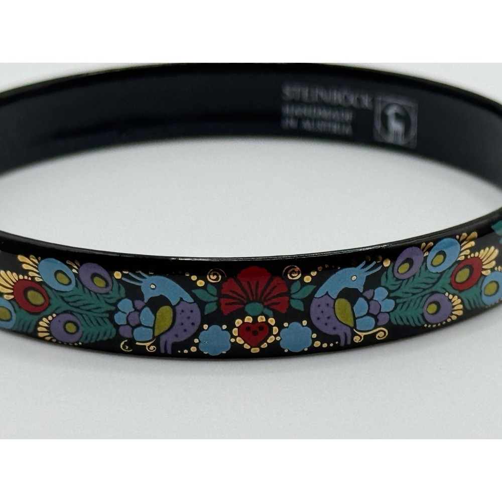 Vintage Steinbock Austria Enamel Peacock Bird Flowers Floral Bangle